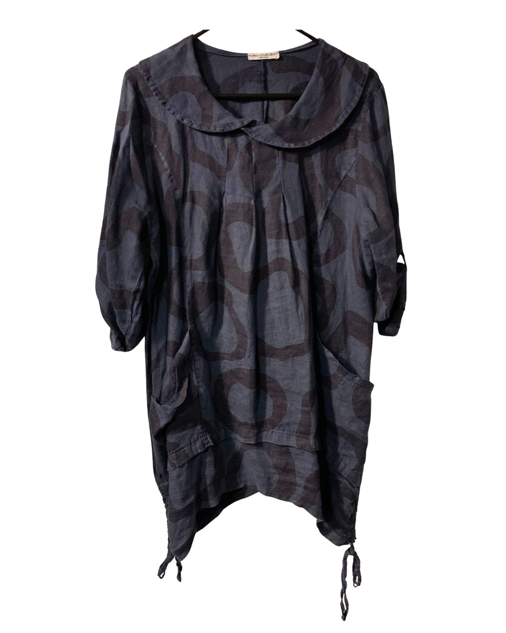 New Collection Womens Linen Lagenlook Tunic Size L Blue Shirred Sides Italy